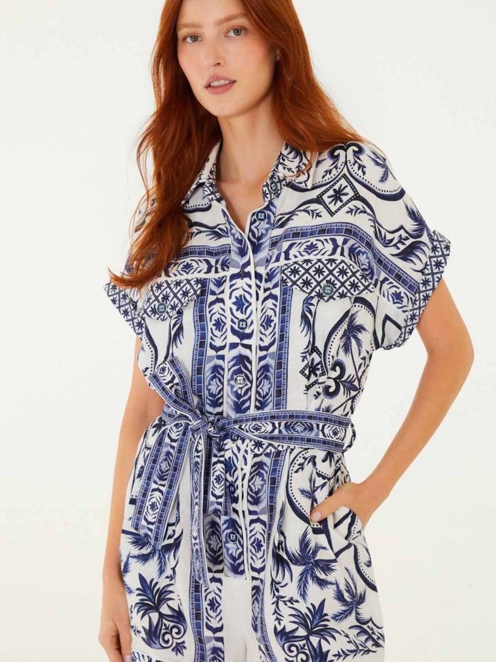 FARM Rio White and Blue Printed Jumpsuit